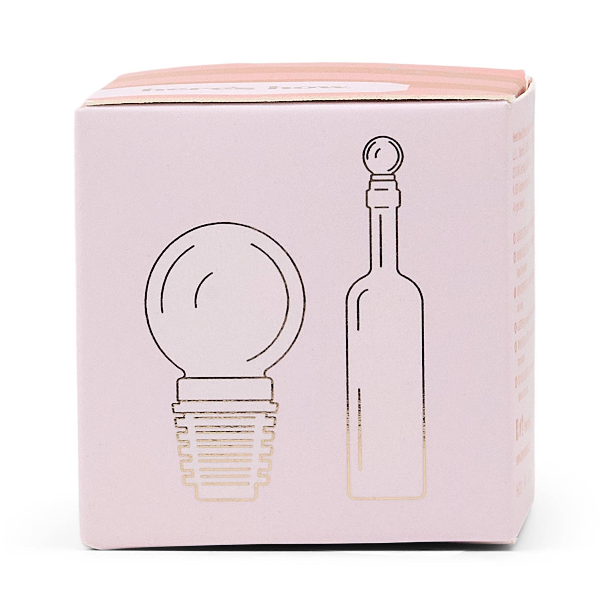 Pink box with line drawings of a bottle stopper and bottle on a white background