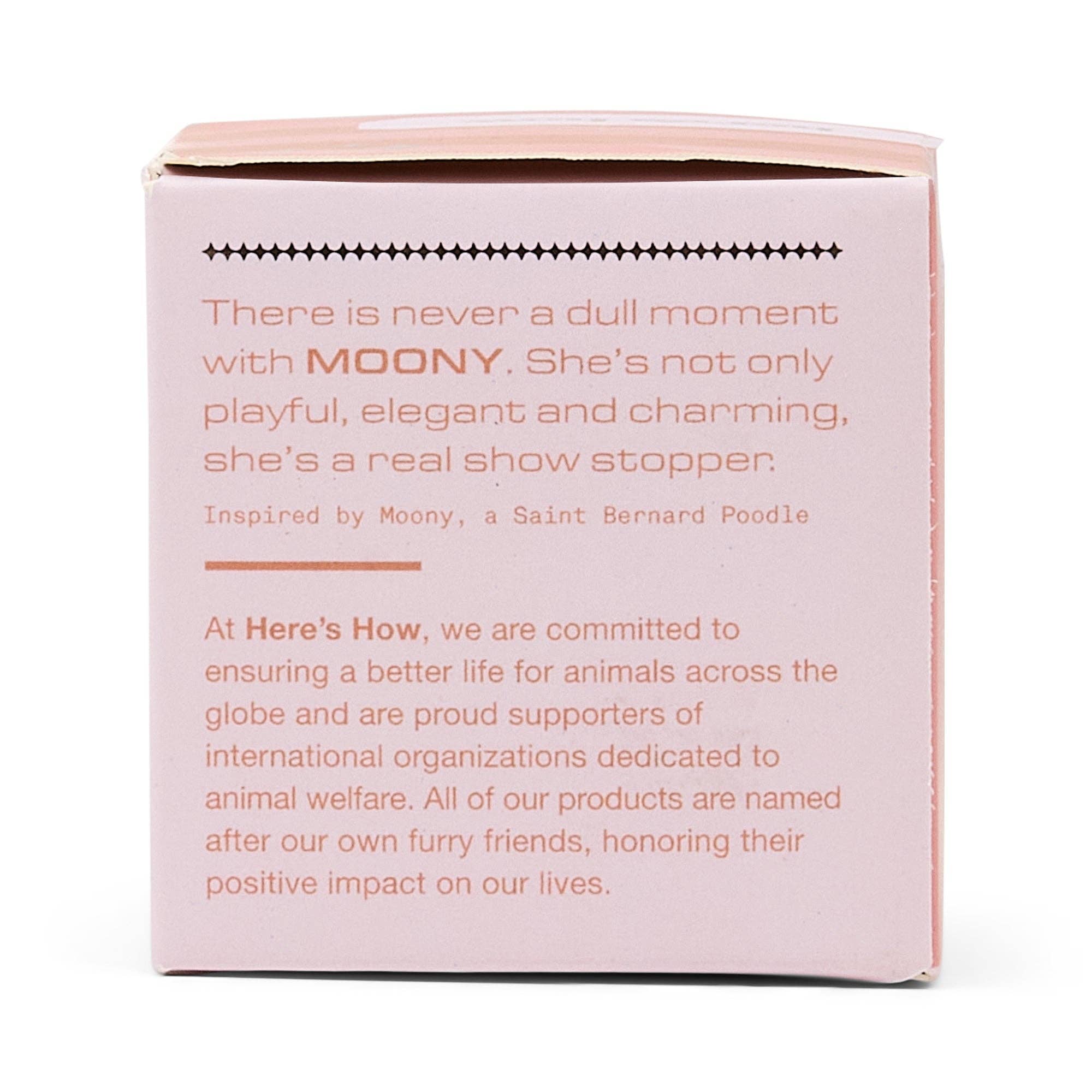 Product packaging with text about Moony brand, and their commitment to animal welfare.