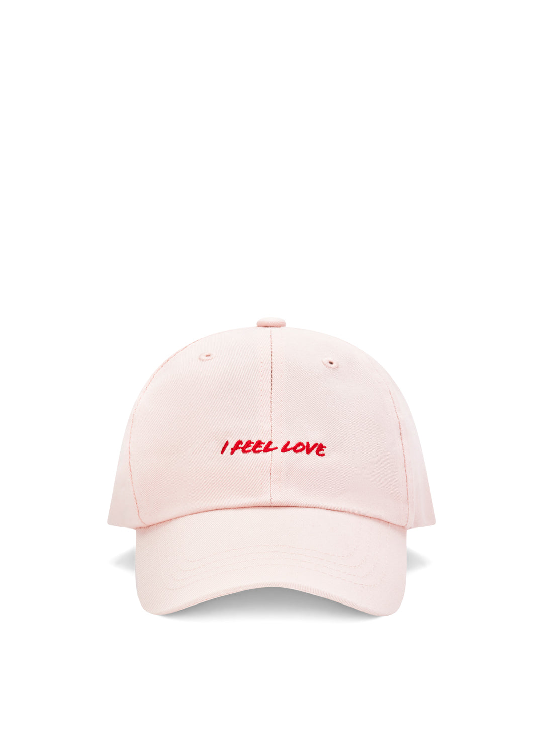 Pink cap with 'I Feel Love' red embroidered text on a white background