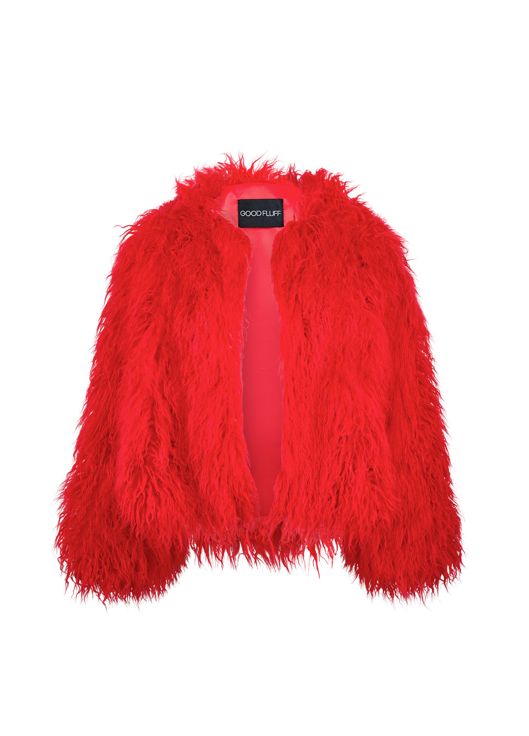 Red fluffy faux fur jacket with a brand label on a white background