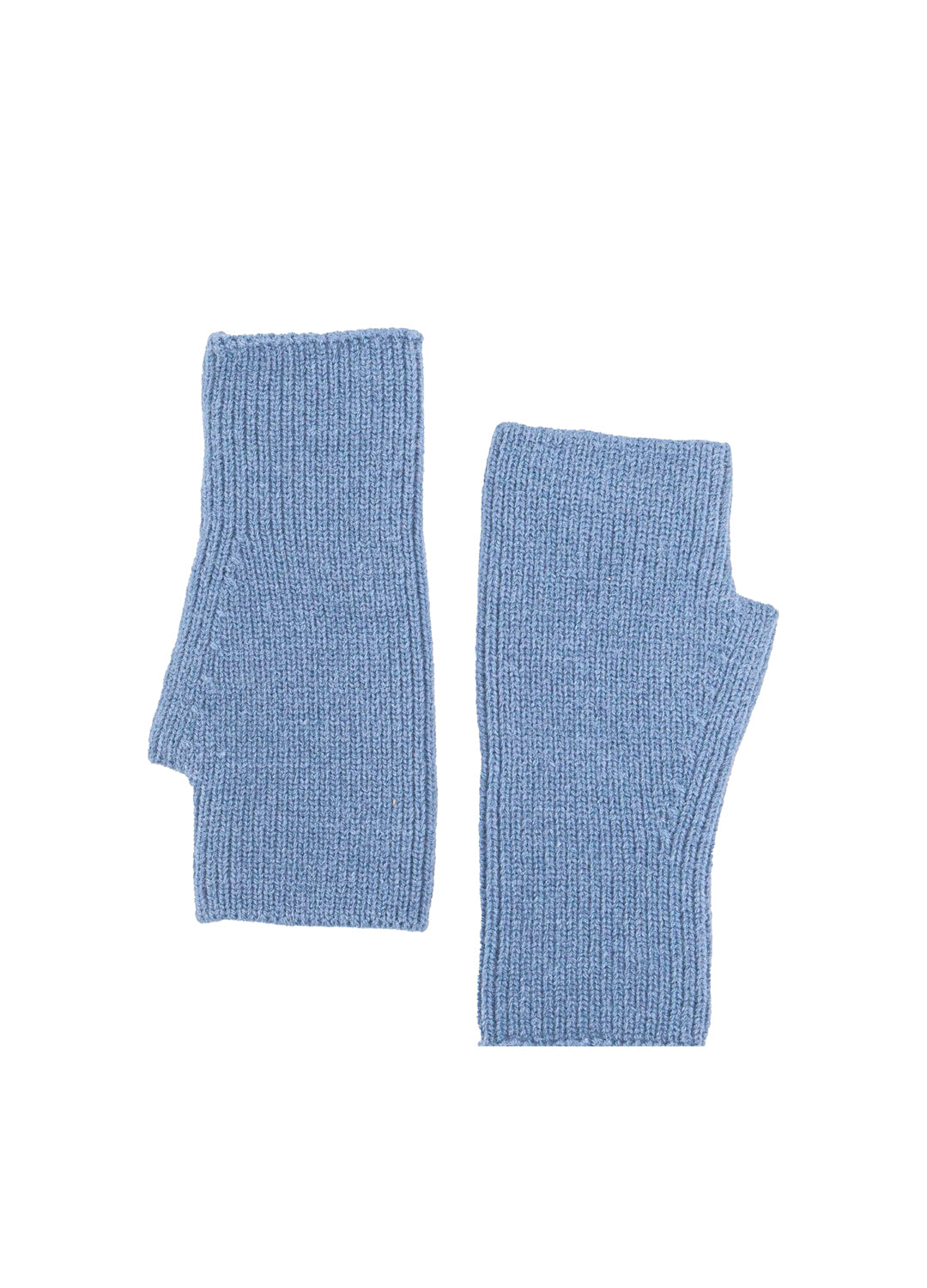 Pair of blue knitted arm warmers on a white background