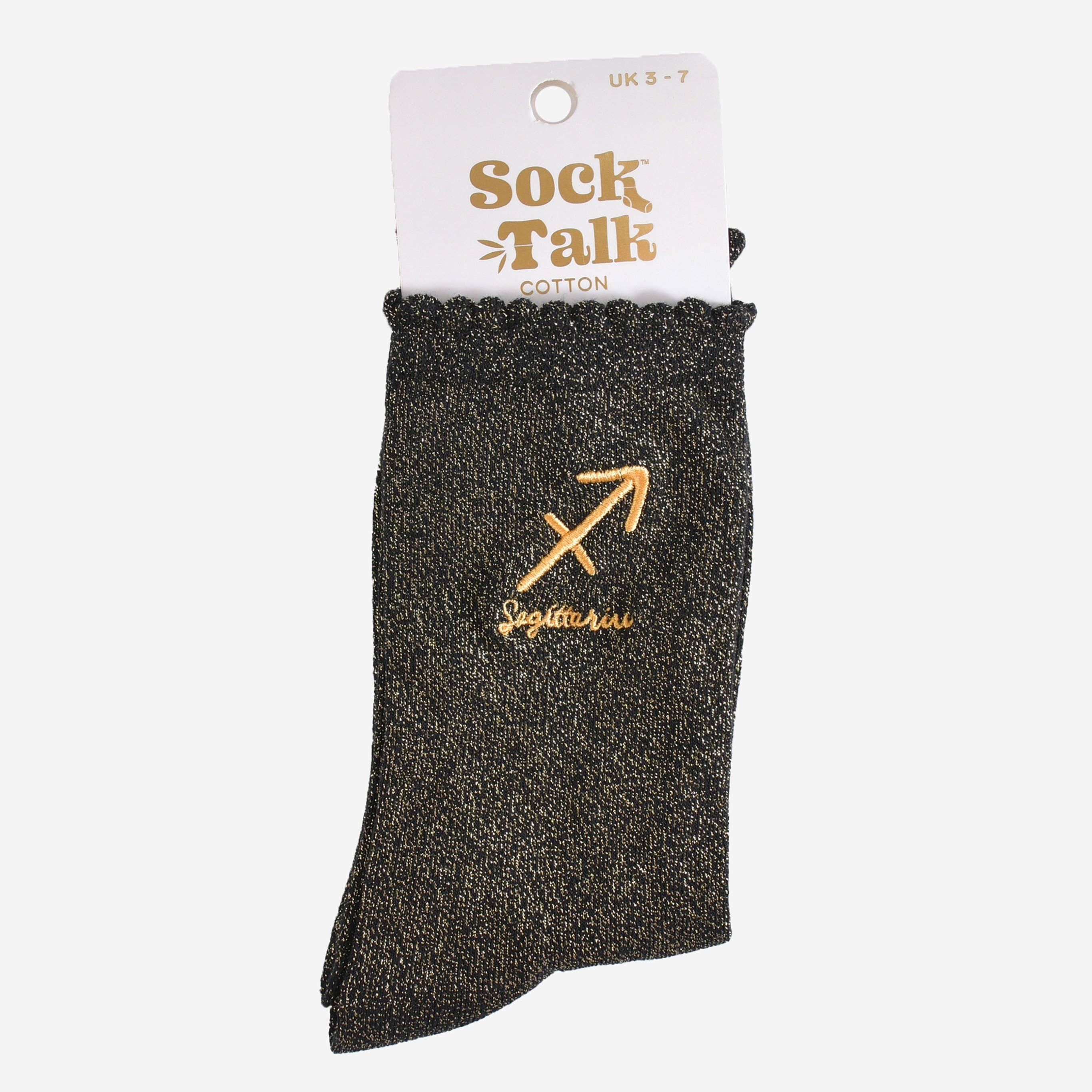 Black sock with gold embroidery on a white background, featuring 'Sock Talk' branding.