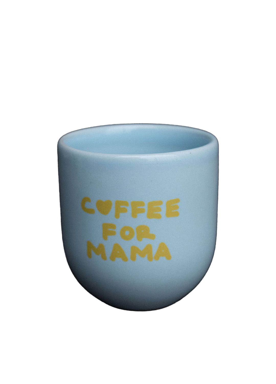 Blue mug with 'Coffee for Mama' text on a white background