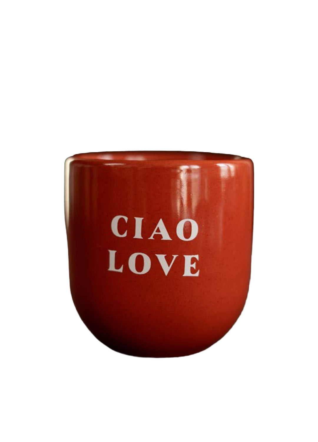 Red mug with 'CIAO LOVE' text on a white background
