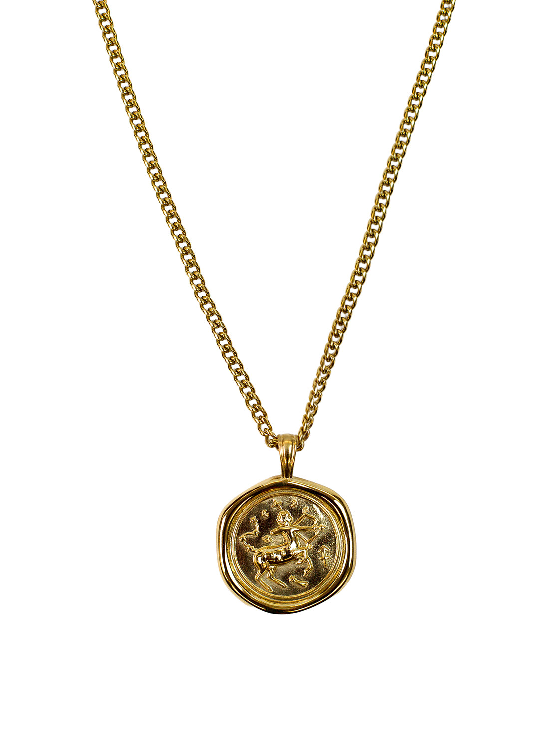 A gold chain necklace with a round, textured gold pendant featuring a Sagittarius zodiac design shown against a plain white background.