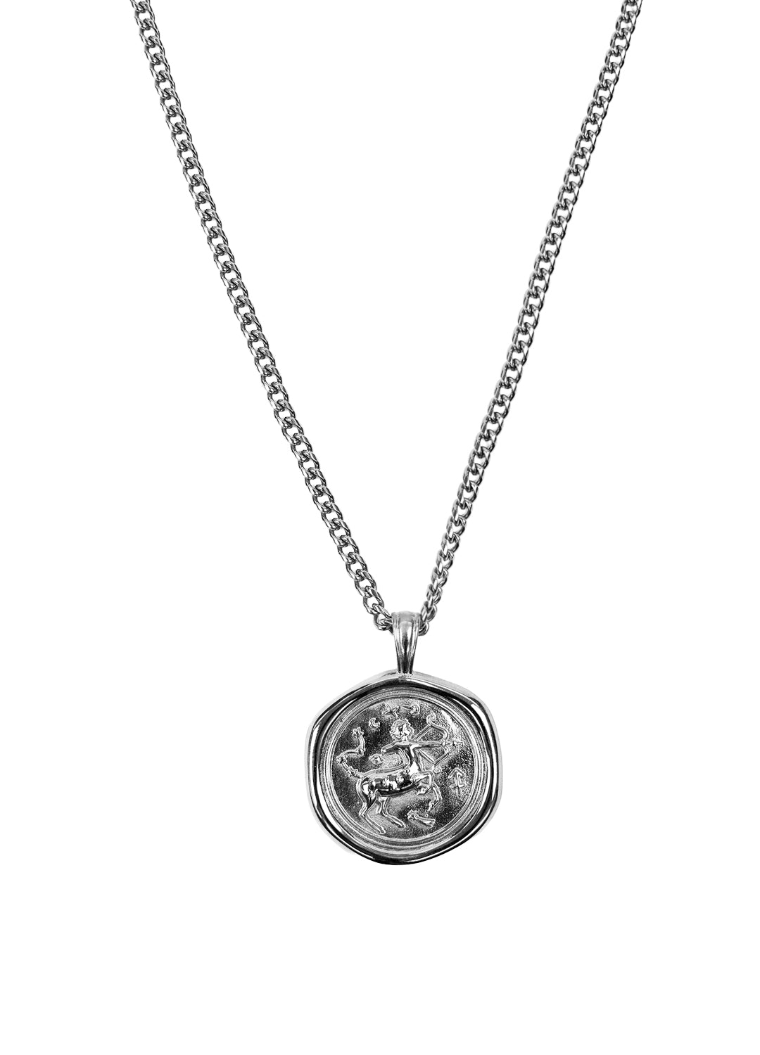 A silver chain necklace with a round, textured pendant featuring a Sagittarius Zodiac design shown against a plain white background.
