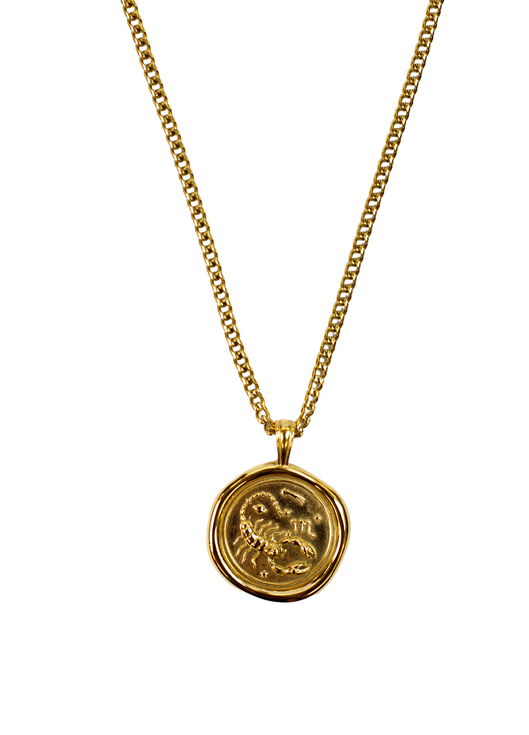A gold chain necklace with a round, textured gold pendant featuring an embossed scorpion design, for the zodiac Scorpio shown against a plain white background.