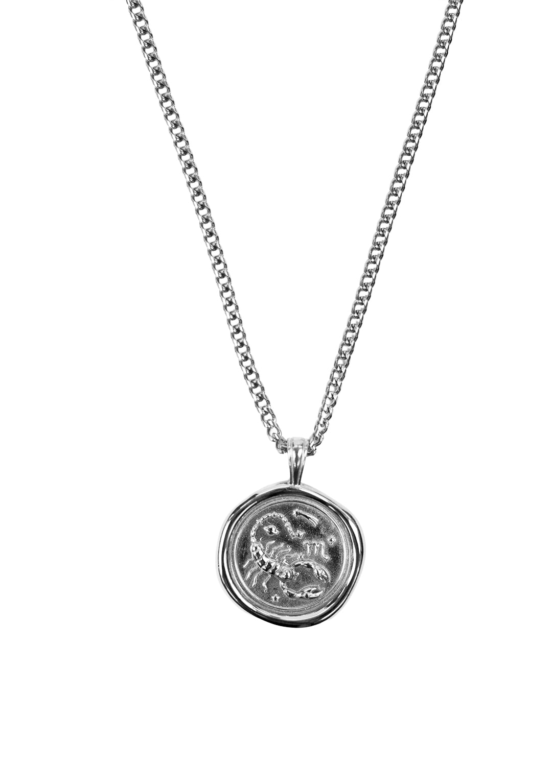 A silver chain necklace with a circular pendant featuring a Scorpio zodiac symbol, shown against a plain white background.