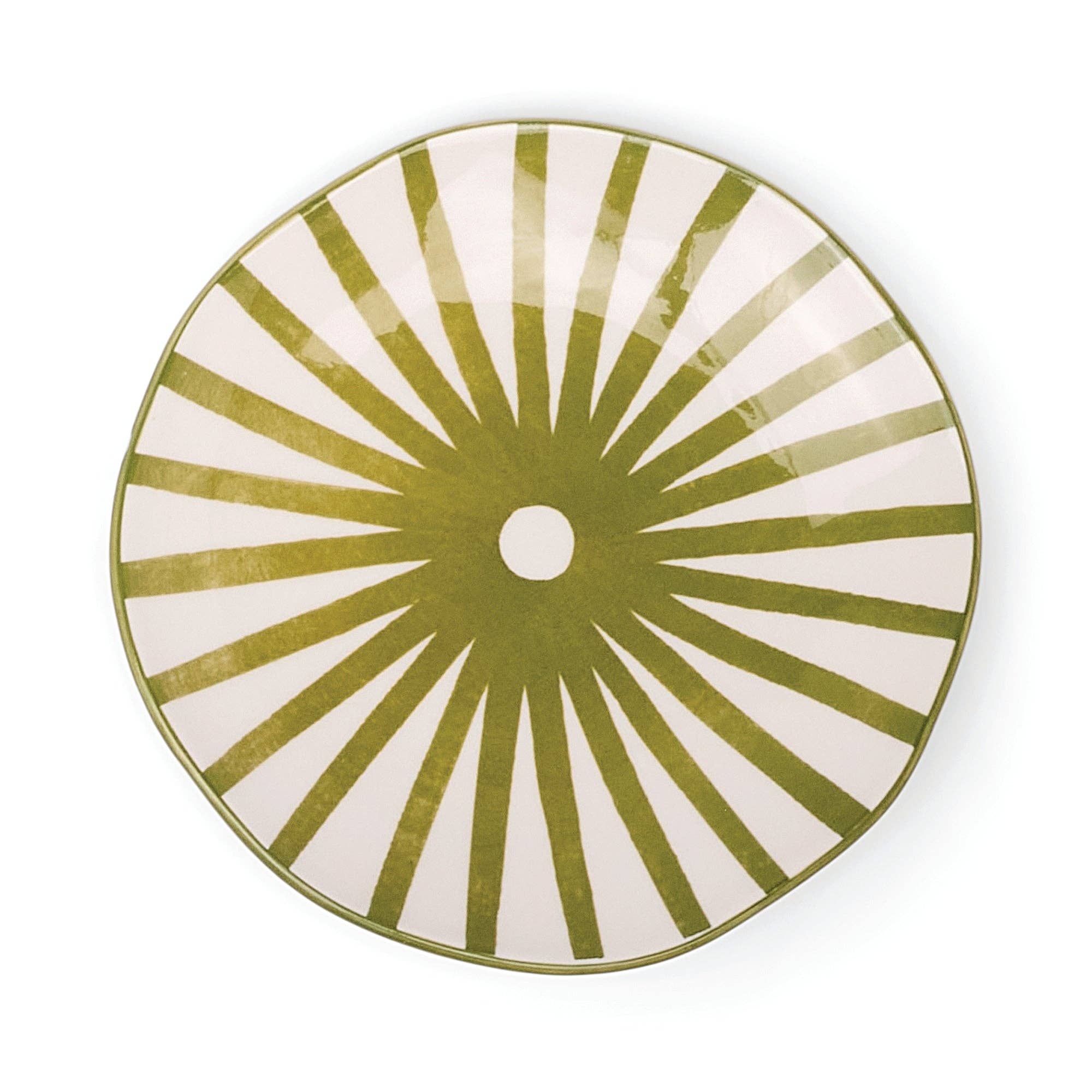Decorative plate with green sunburst pattern on a white background