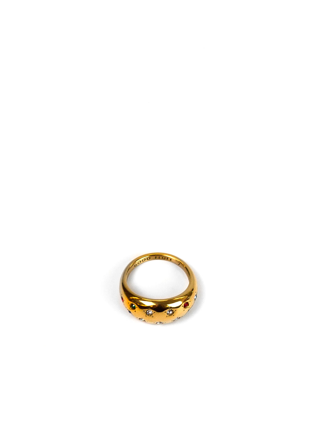 Gold ring with multicolour gemstones on a white background