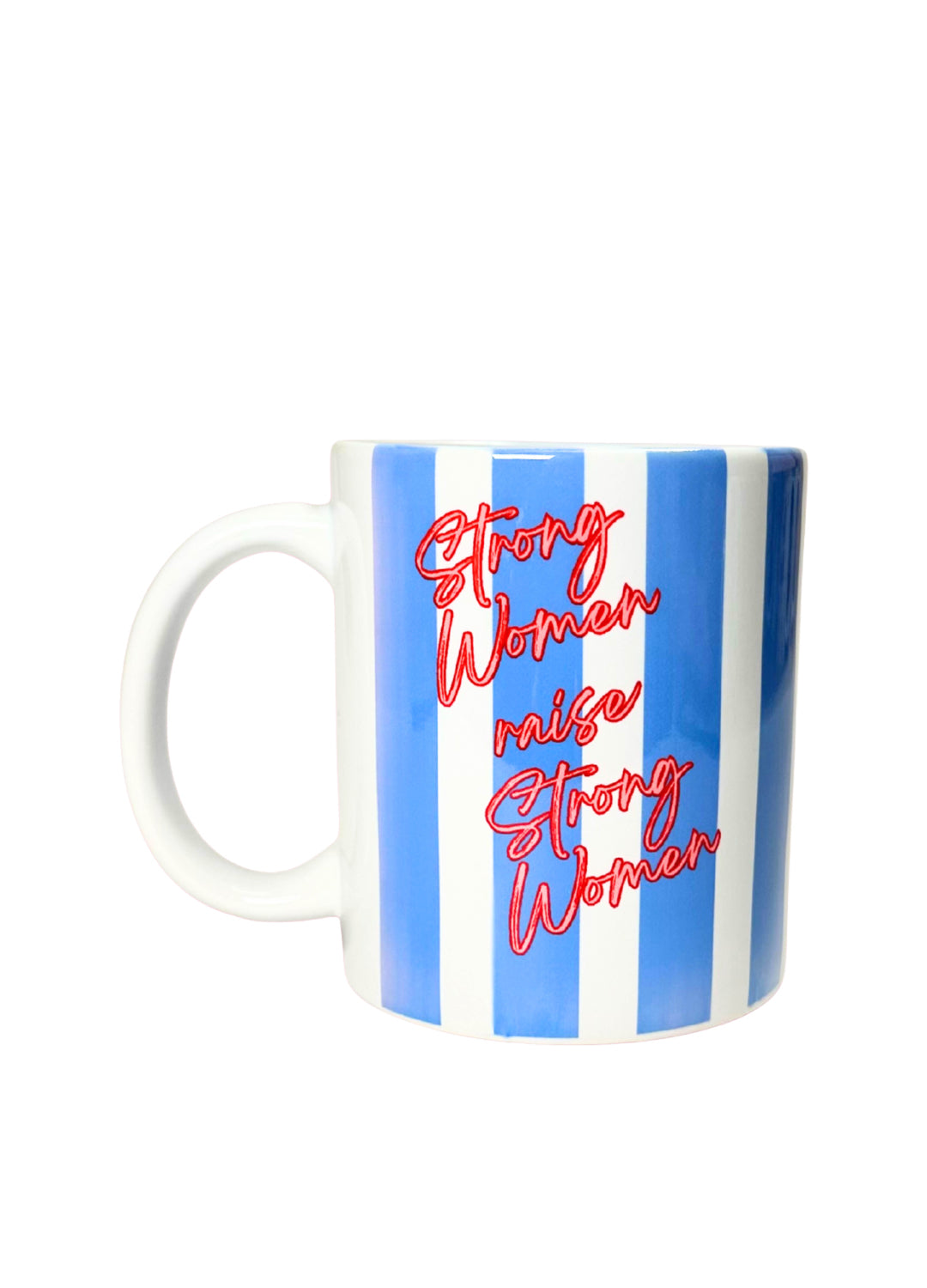 Mug with blue and white striped design and red text on a white background