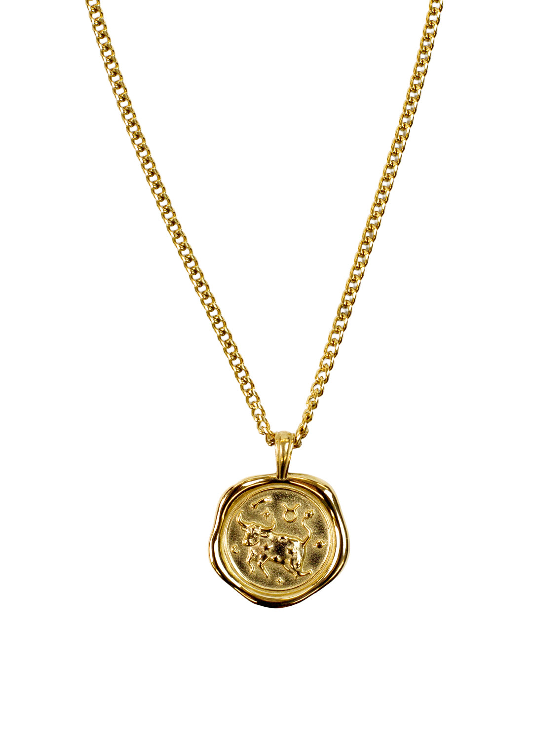 A gold chain necklace with a round, textured wax-seal style pendant featuring an astrological Taurus zodiac design, shown against a plain white background.