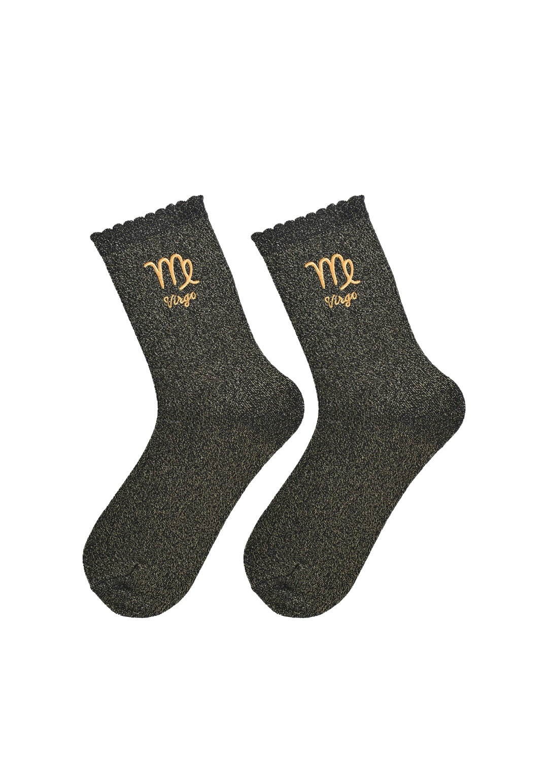 Pair of black glitter socks with gold zodiac symbols on a white background