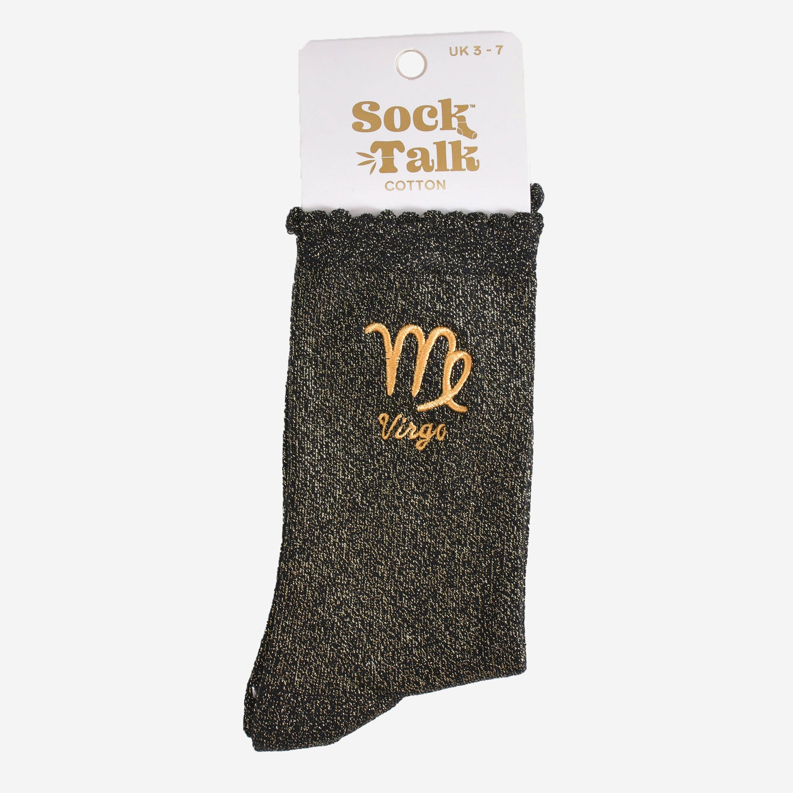 Black sock with 'Virgo' embroidery on a white background, featuring 'Sock Talk' branding.