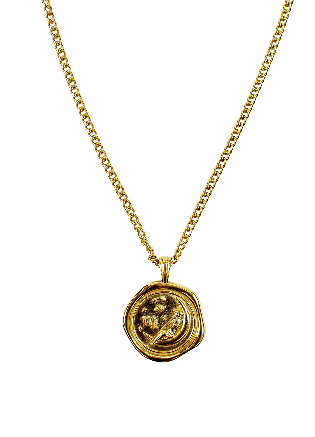 A gold chain necklace with a round wax-seal style pendant featuring a crescent moon and stars as the Virgo zodiac design, shown against a plain white background.