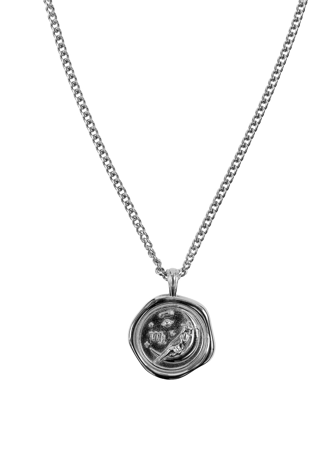 Silver Virgo zodiac pendant necklace on a white background