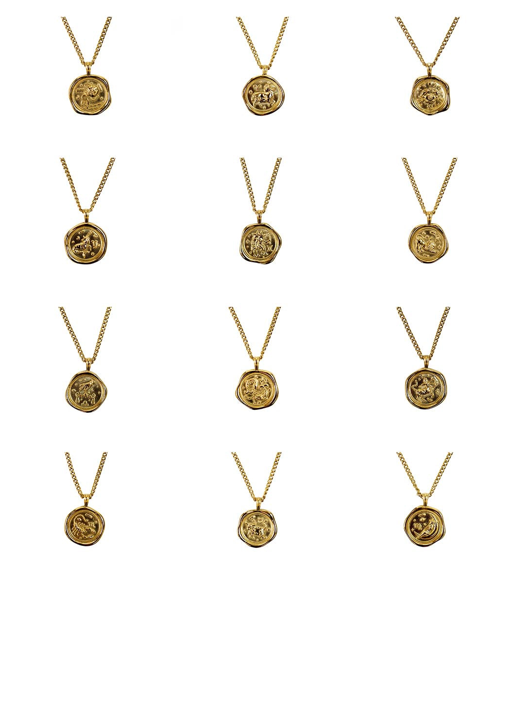 Nine gold coin pendant necklaces arranged in a 3x3 grid on a plain white background. Each necklace features a round, textured gold pendant with an embossed design, suspended from a delicate gold chain.