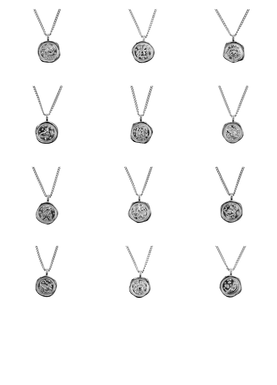 A 4x3 grid of nine silver pendant necklaces, each featuring a round, textured, coin-like silver medallion pendant on a delicate silver chain, set against a plain white background.