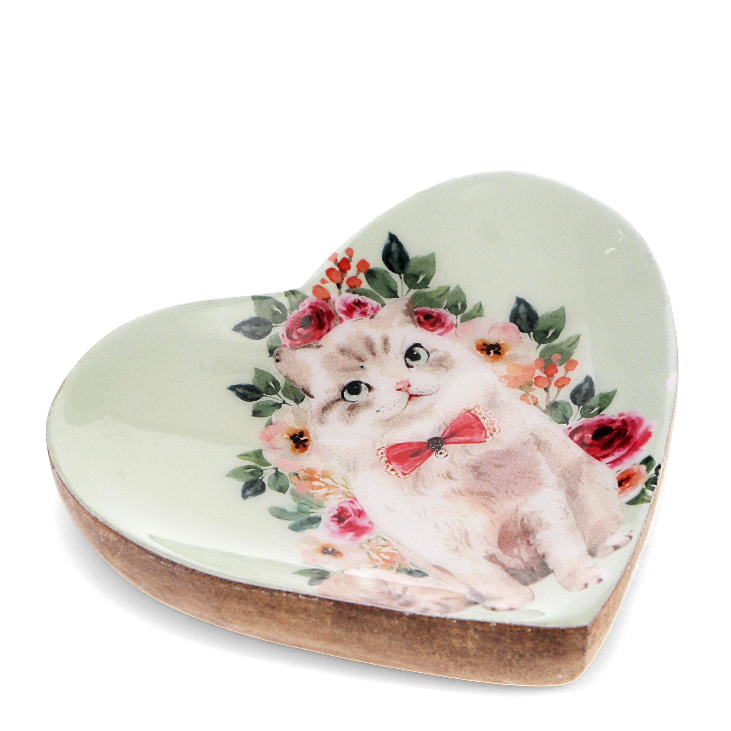 Wooden Heart-Shaped Trinket Dish - Cat