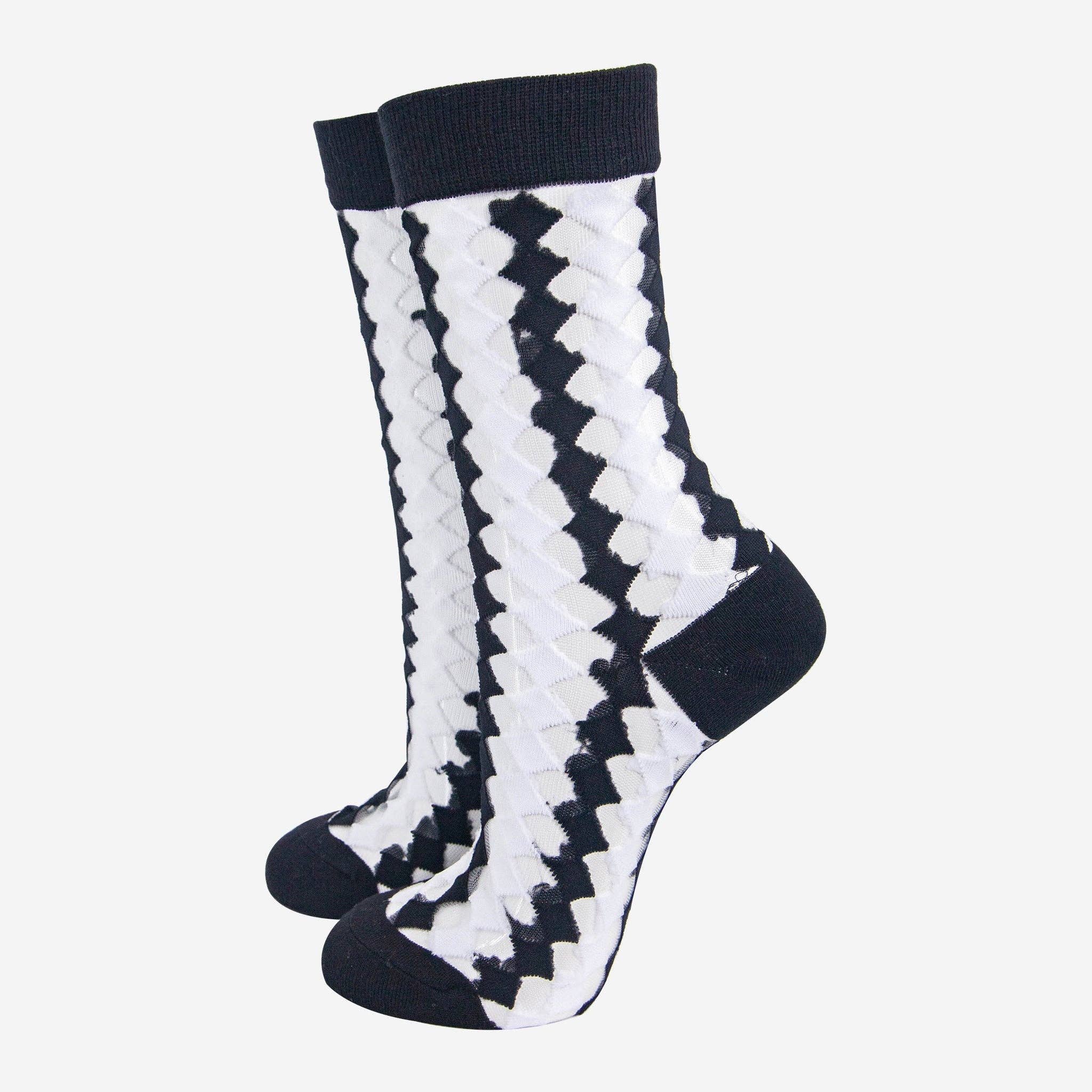 Sheer Black White Argyle Diamond Print Socks