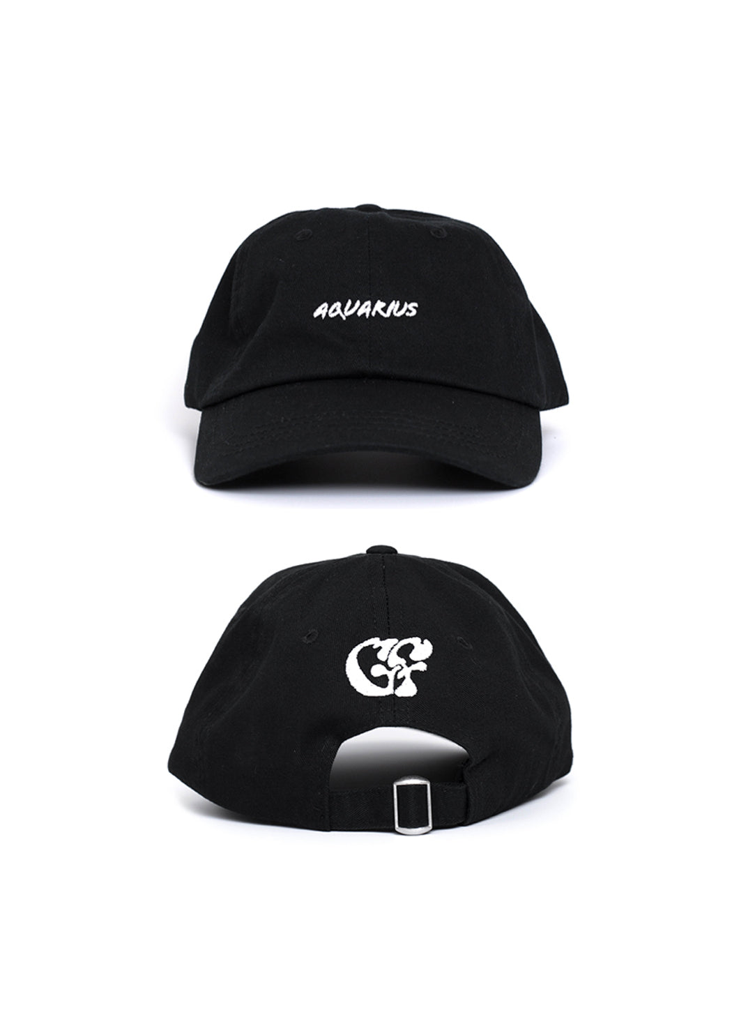 Two black baseball caps with embroidered text on a white background