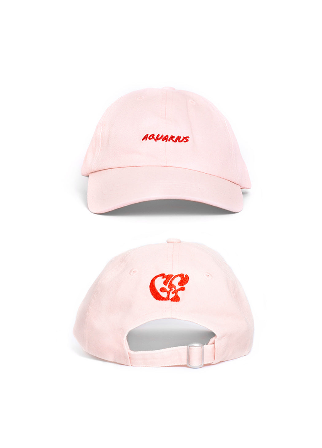 Two pink caps with embroidered designs on a white background