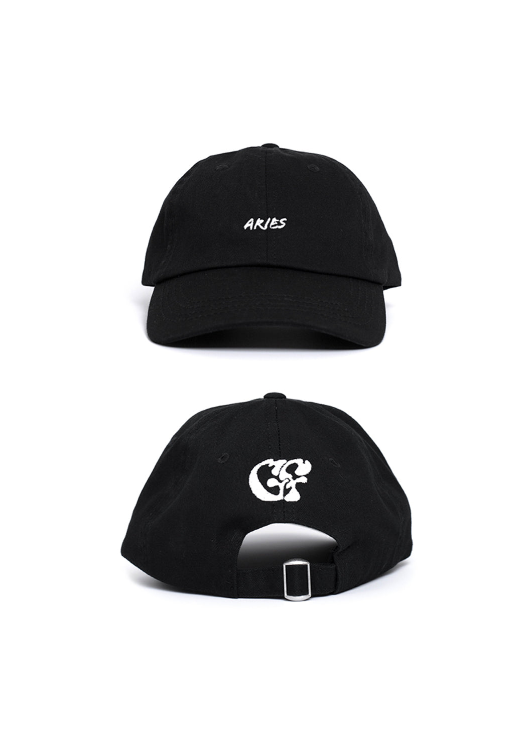 Front & back shot of the Aries zodiac black baseball cap, showing the white embroidered text to the front "Aries" and the GF Good Fluff logo to the back