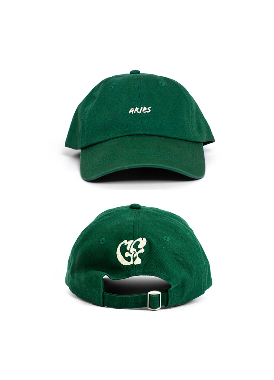 The Green Aries zodiac Baseball cap shot front & back. Front shows white embroidered "Aries" text and back shows white embroidered Good Fluff GF logo.