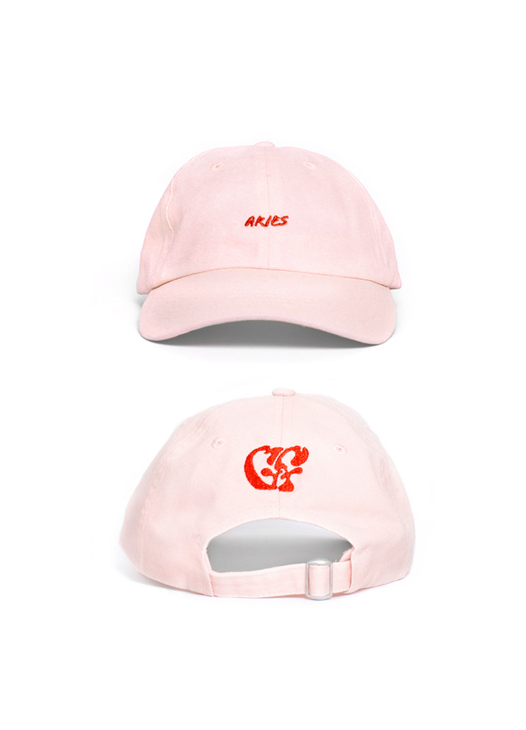 Pink baseball cap with red text and logo on a white background