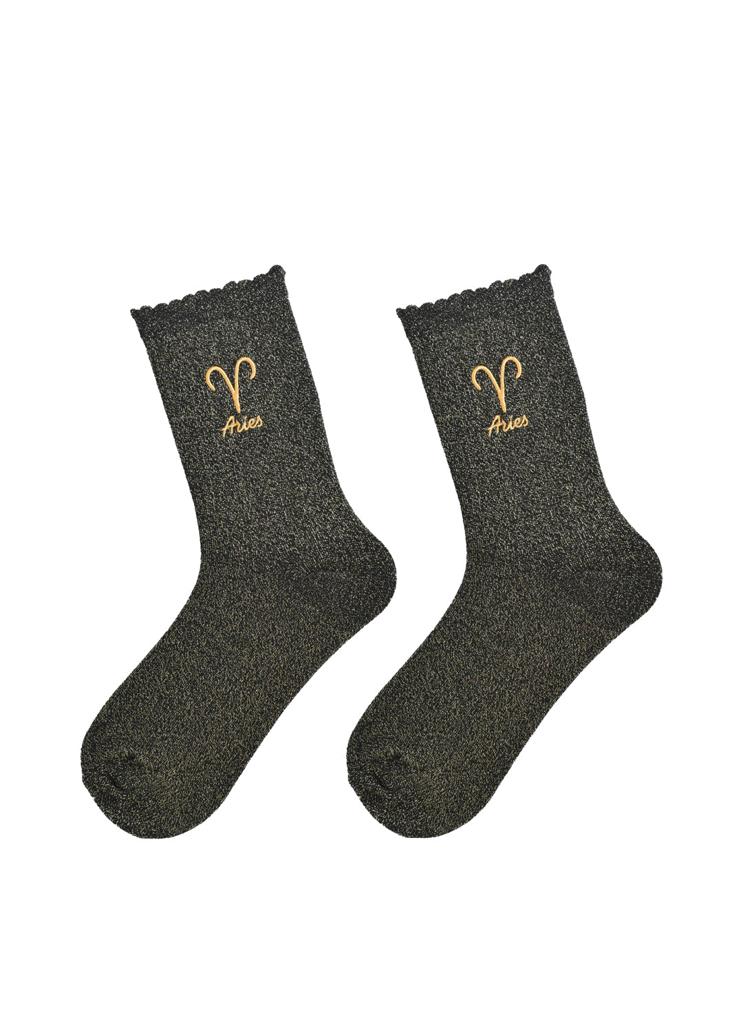 Pair of dark gray socks with 'Aries' text on a white background