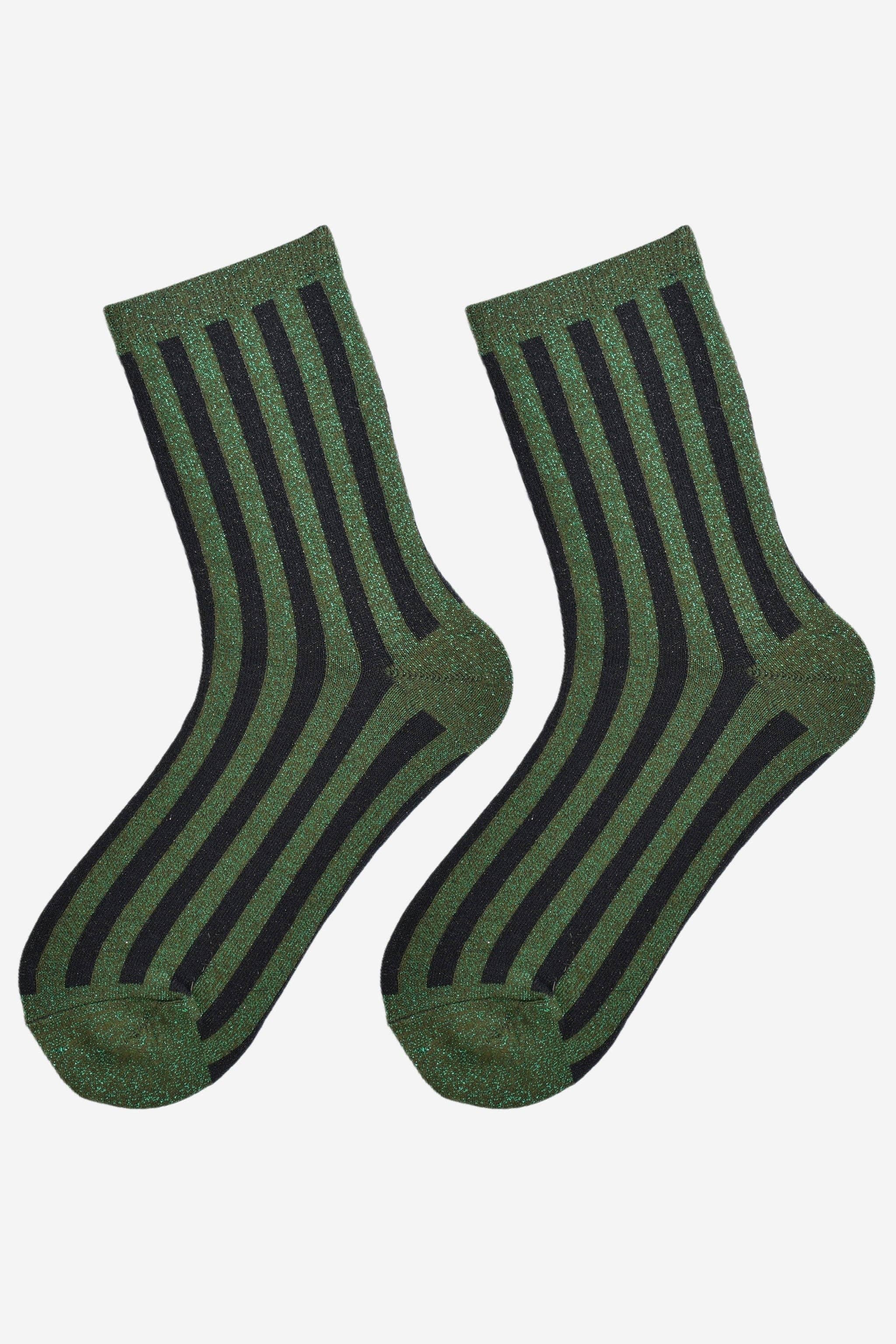 Sparkly Khaki Green Black Vertical Stripe Glitter Socks