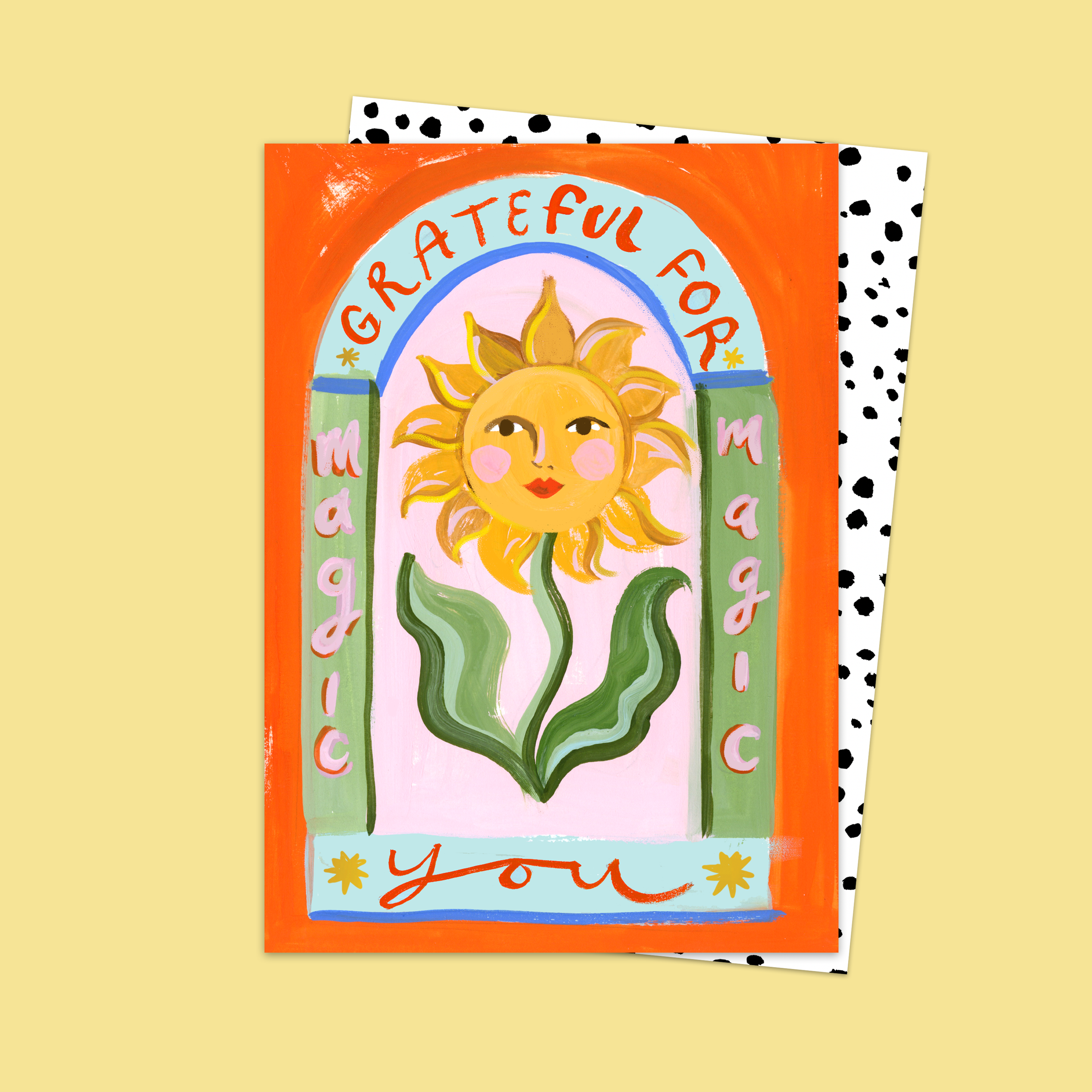 Card with a sunflower illustration and text on a polka dot background