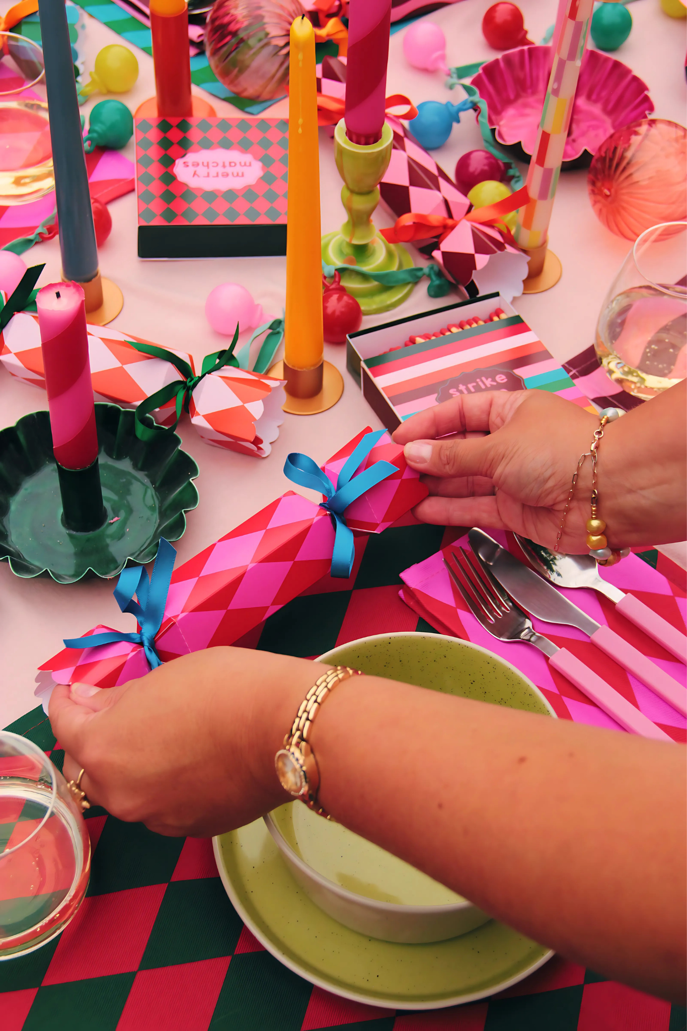 Stripe Pattern Christmas Crackers - Orange and Blush