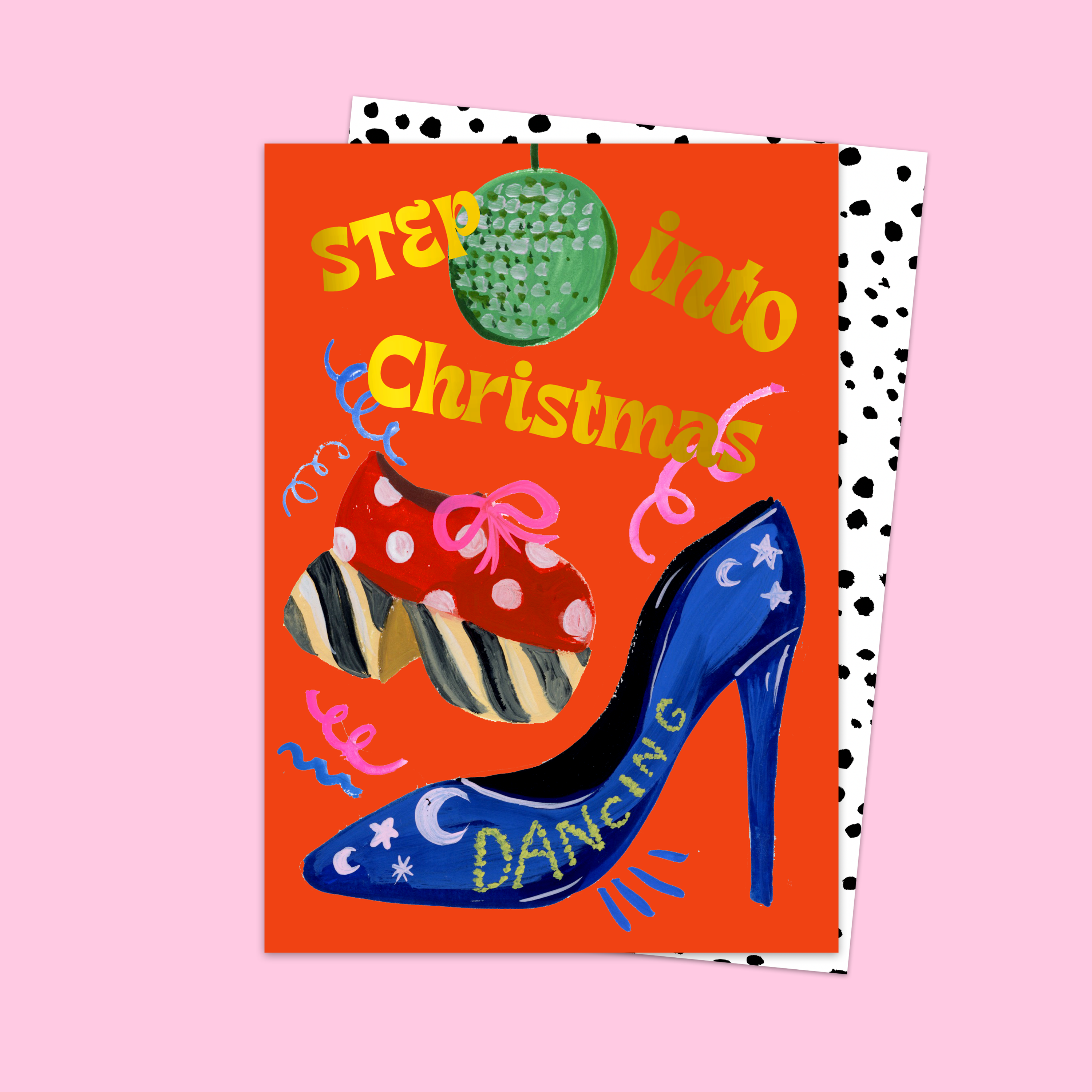 Card illustrated with shoes, disco ball & the words "step into christmas" from the famous Elton John Christmas song. 