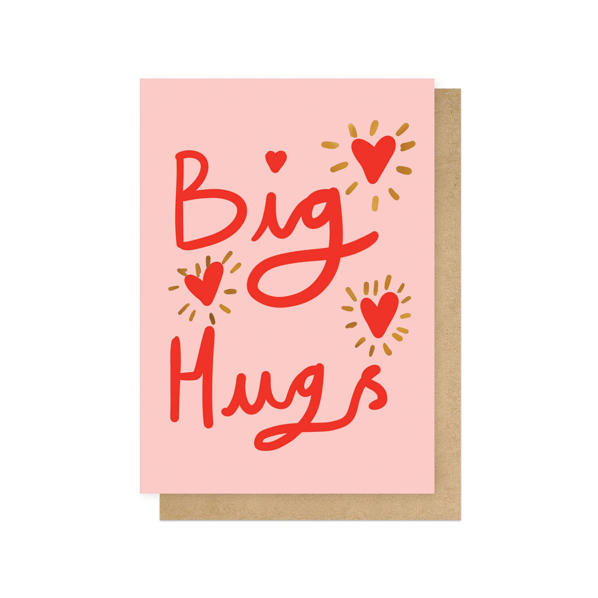 Greeting card with 'Big Hugs' text on a pink background