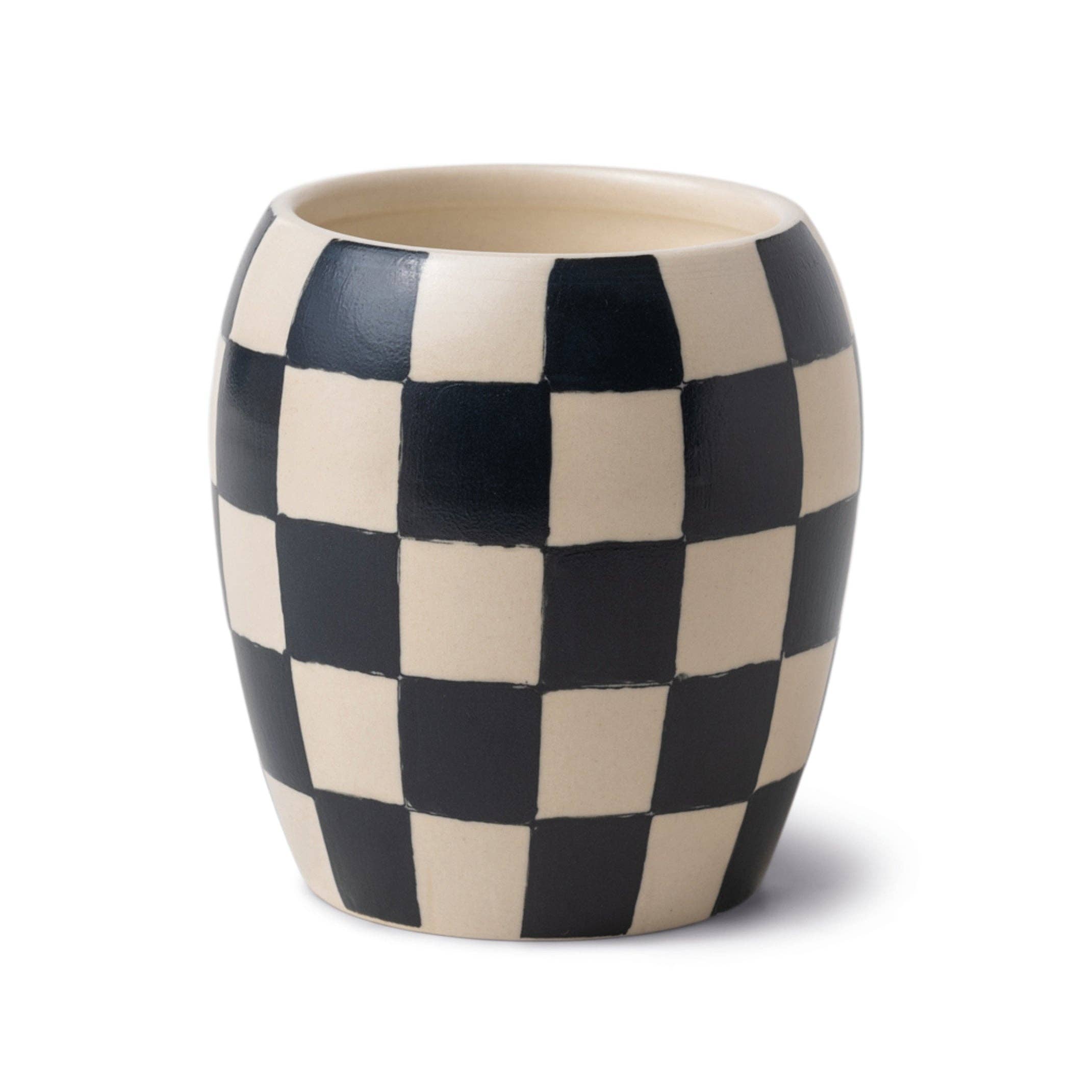 Checkered black and white ceramic vase on a white background