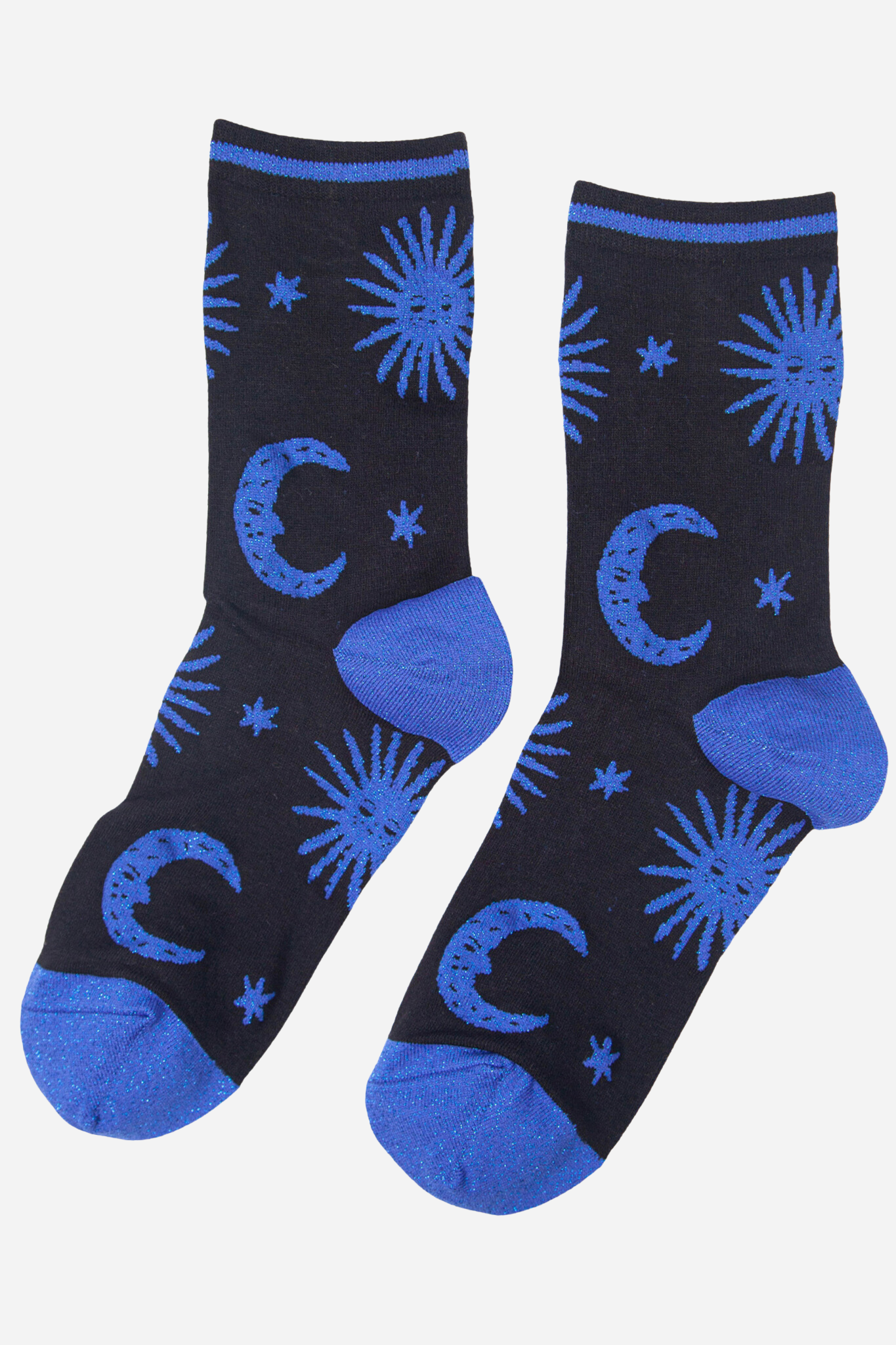 Black socks with blue celestial pattern on a white background
