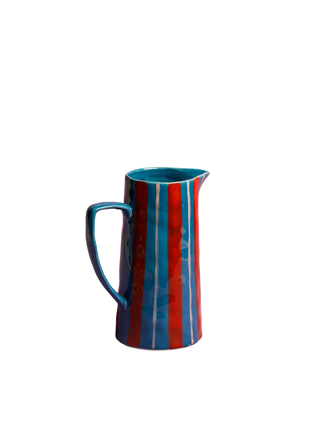 Ceramic pitcher with blue and red stripes on a white background