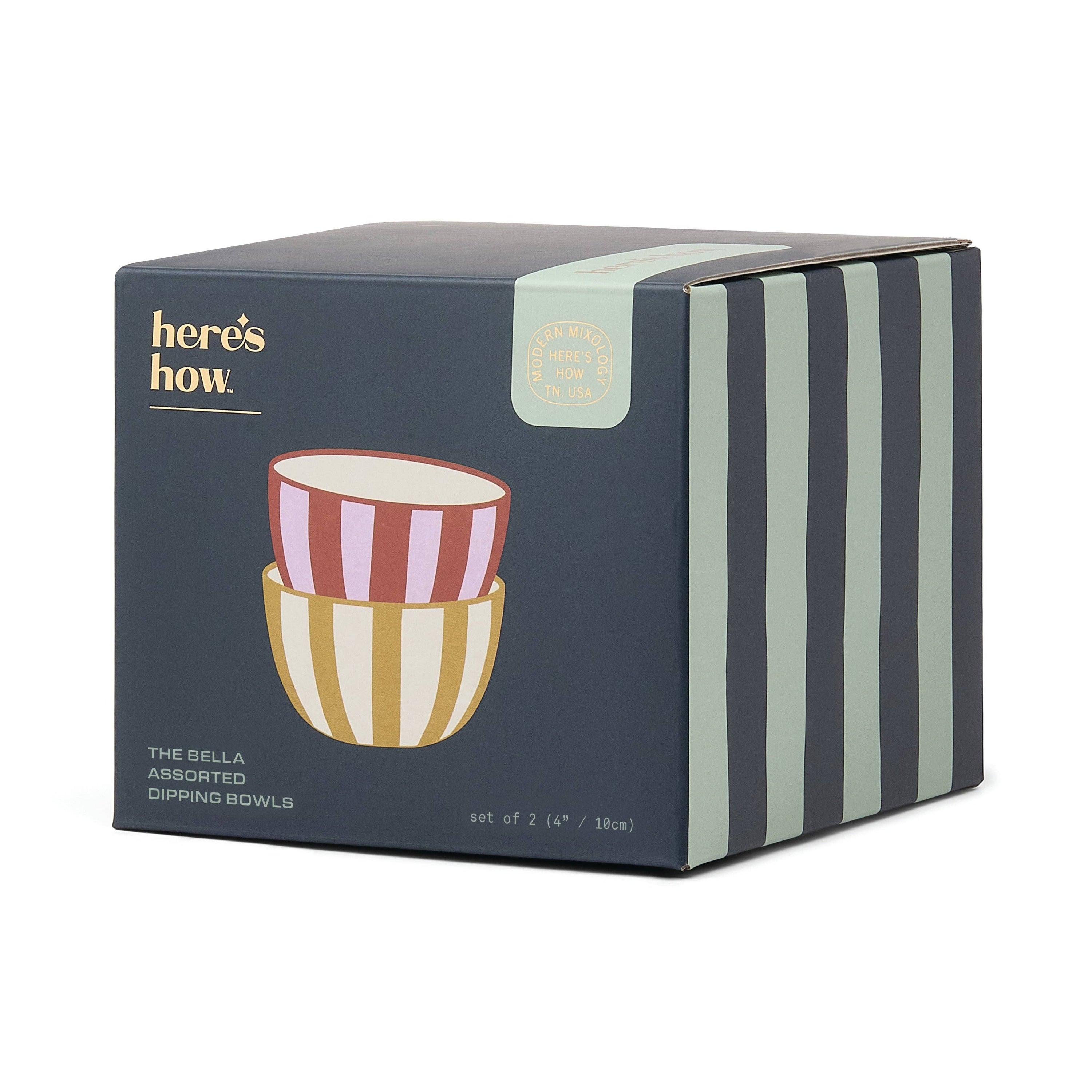 Box of 'here's how' Bella assorted dipping bowls with striped design.