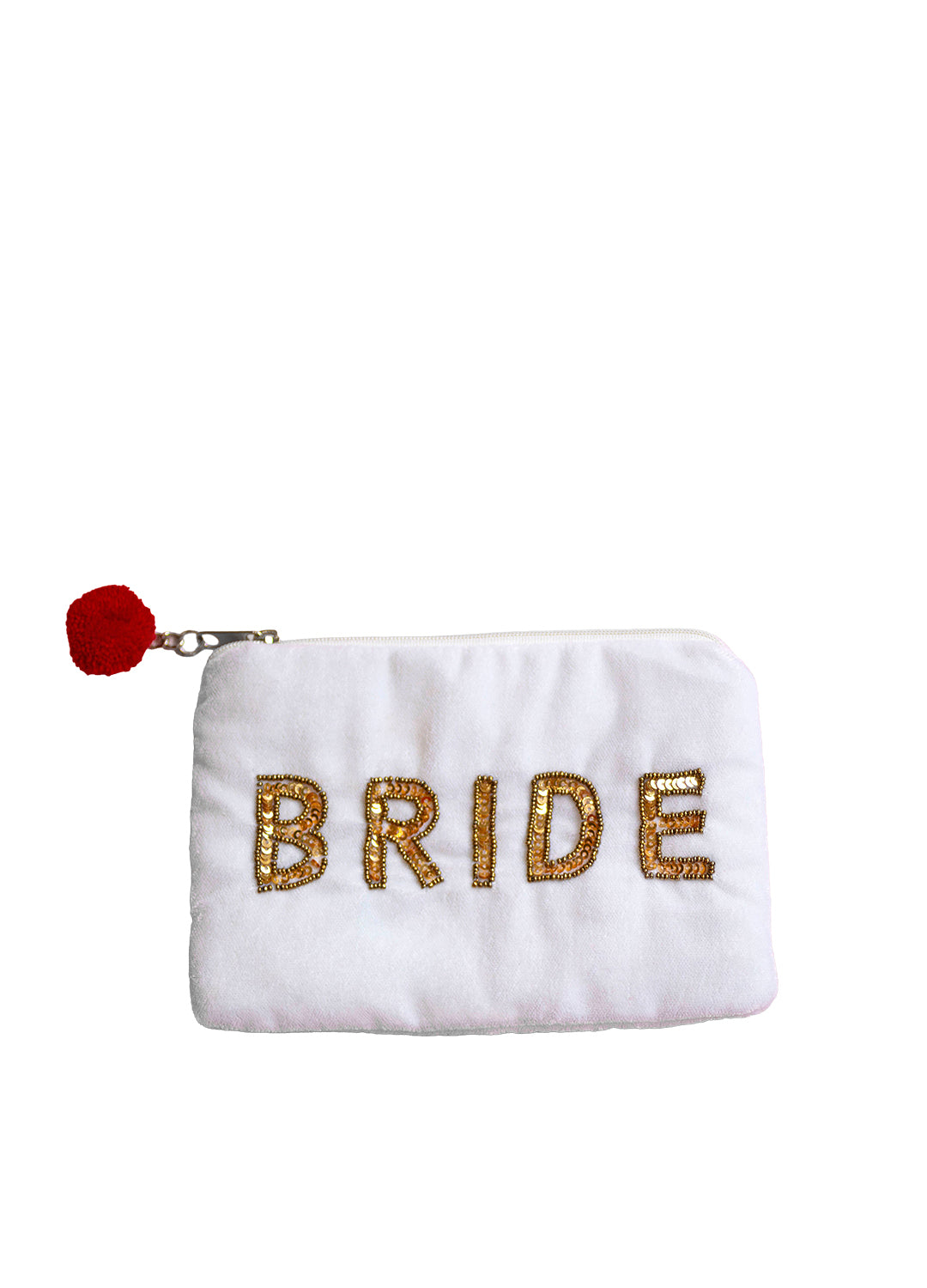 A white fabric zippered pouch with the word 'BRIDE' spelled out in glittery gold letters, featuring a small red pom-pom charm on the zipper pull, shown against a plain white background.