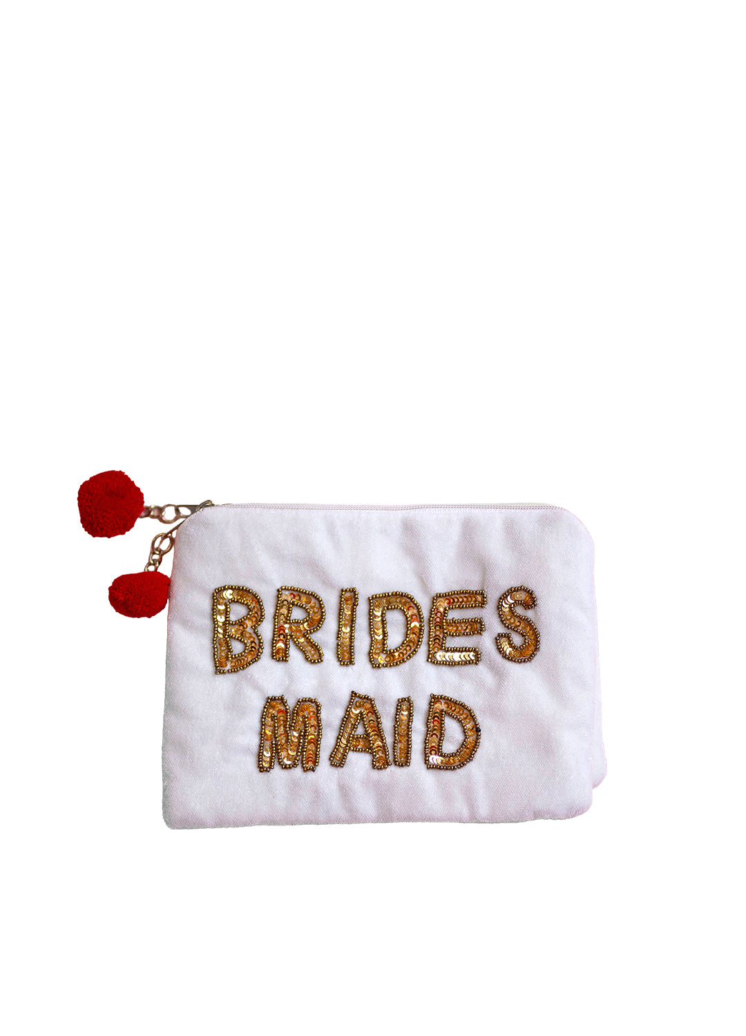 A white faux-leather pouch with 'BRIDES MAID' written in gold glitter letters, featuring two red pom-poms on a gold zipper pull, set against a plain white background.