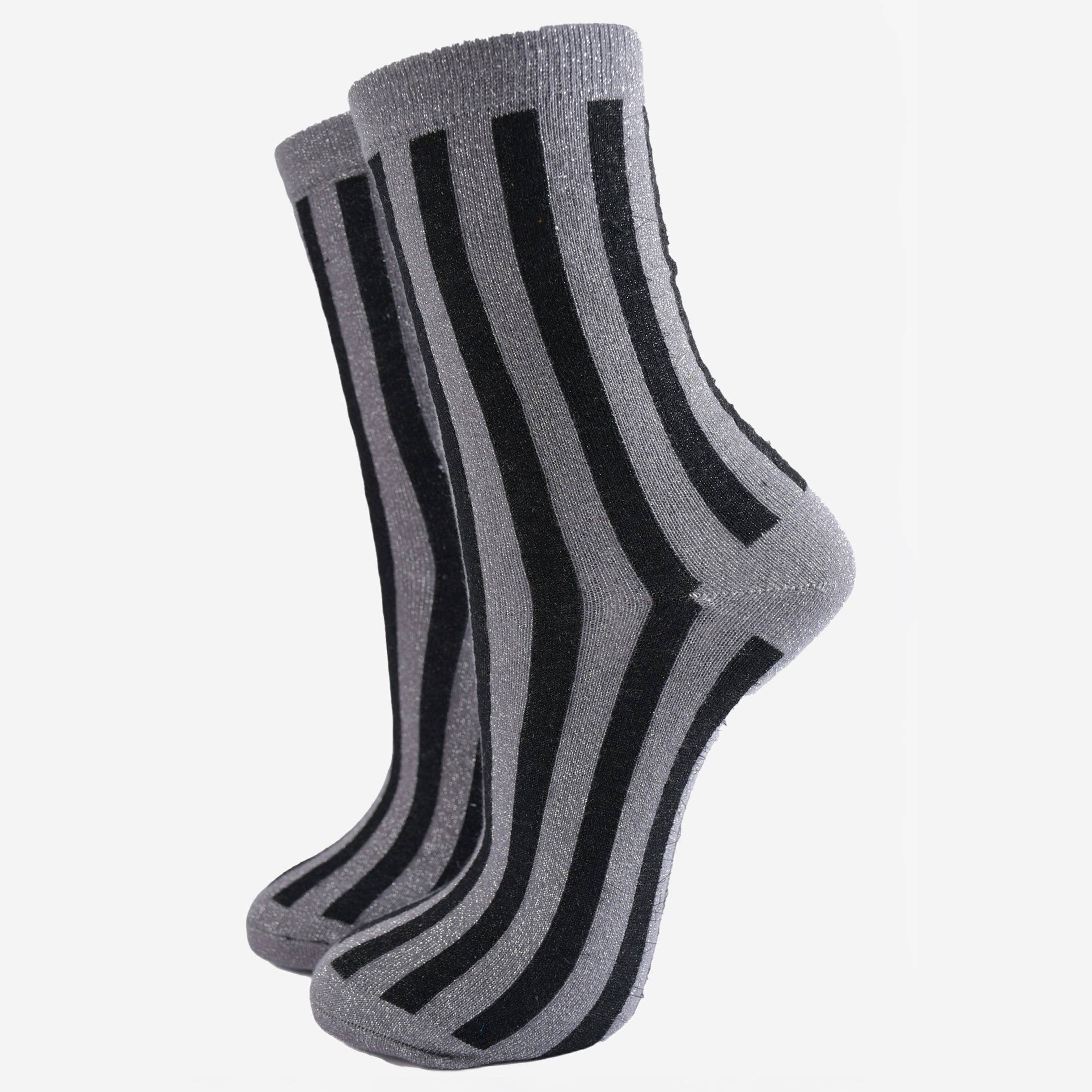 Sparkly Grey Black Vertical Stripe Glitter Socks