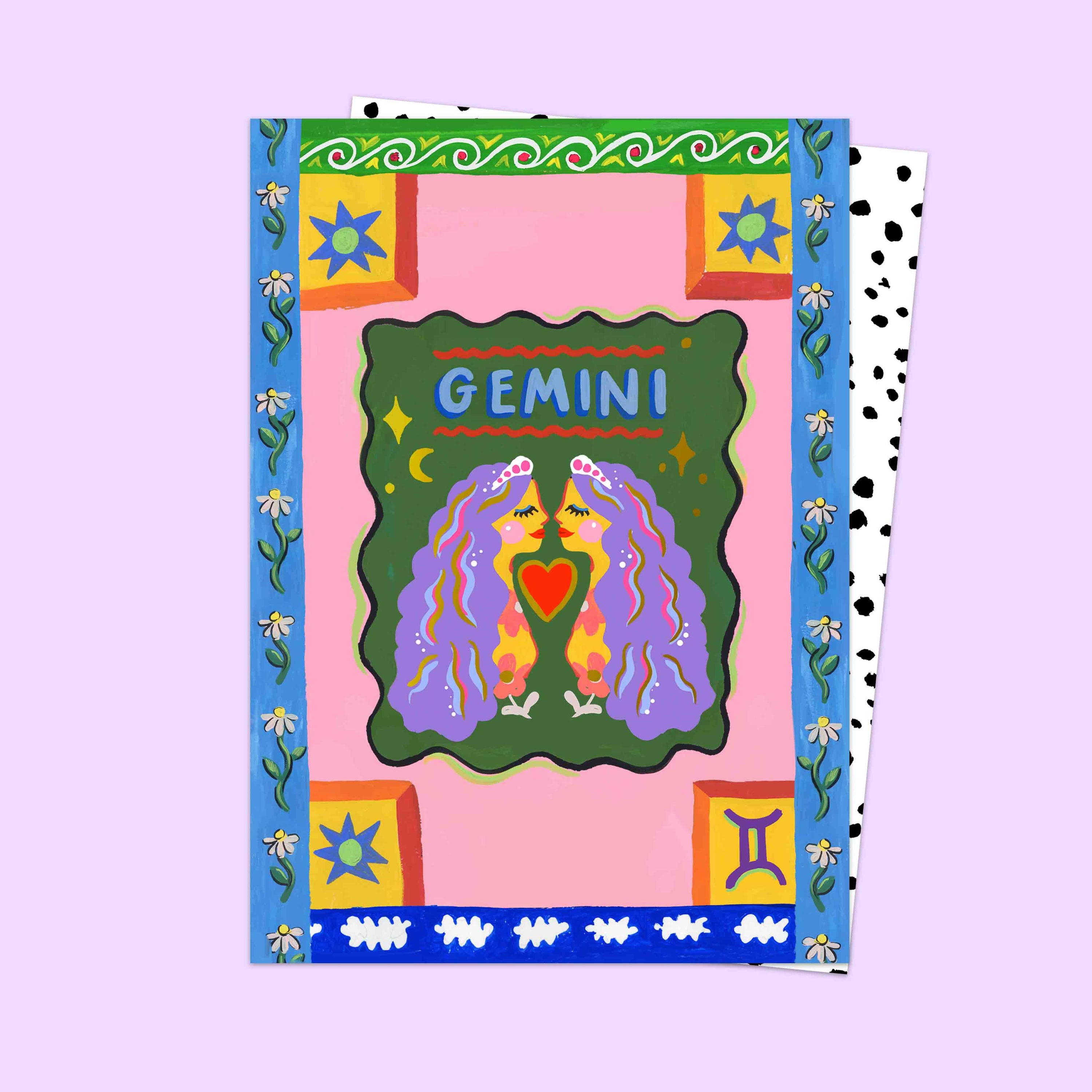 Colorful card with 'Gemini' design featuring two women holding a heart on a pink background.