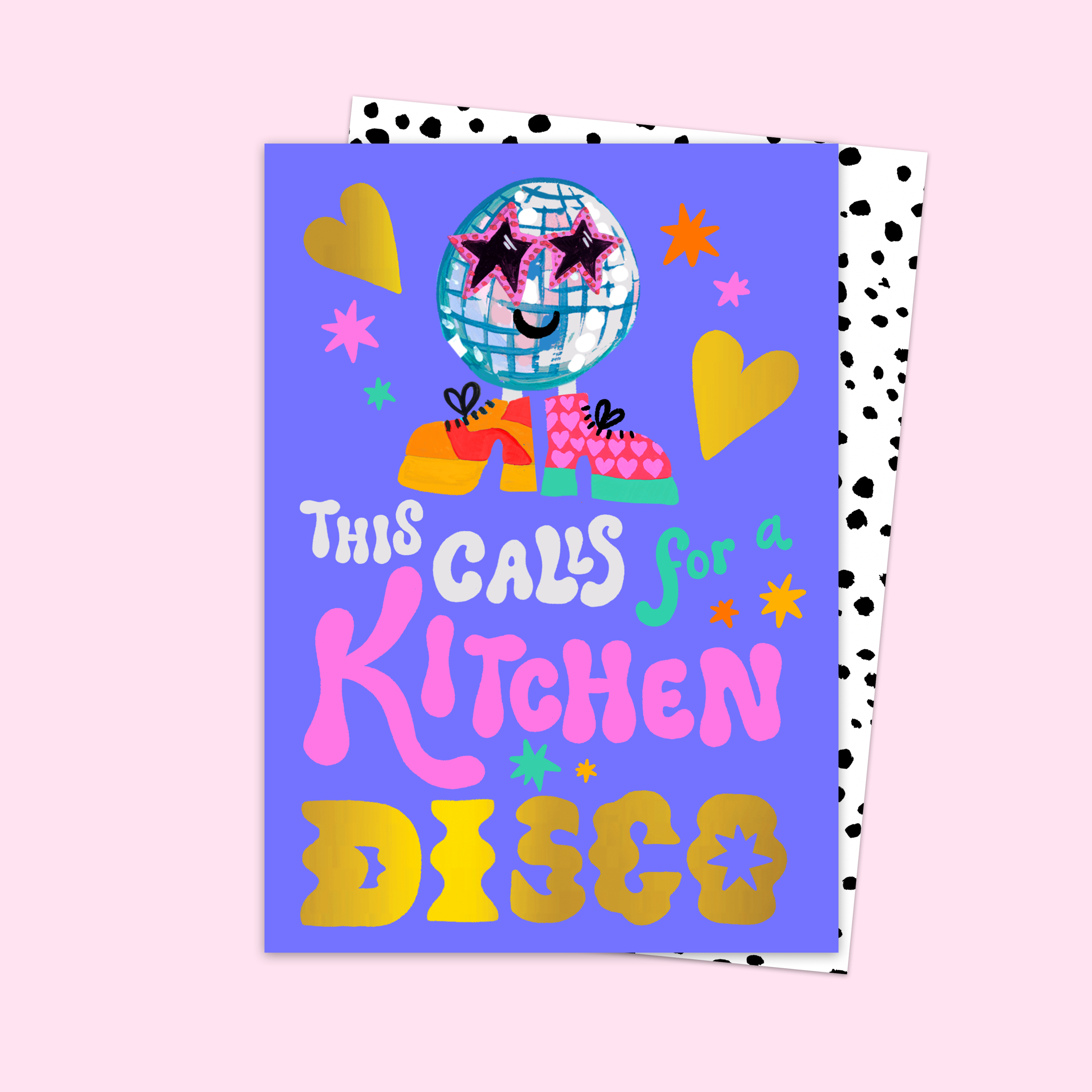 Colorful card with disco ball design and text on a polka dot background