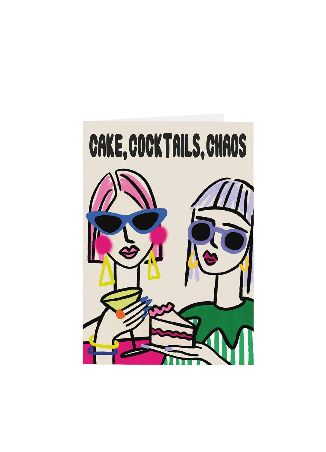 Poster with two women enjoying cake and cocktails, text 'Cake, Cocktails, Chaos' on a beige background.