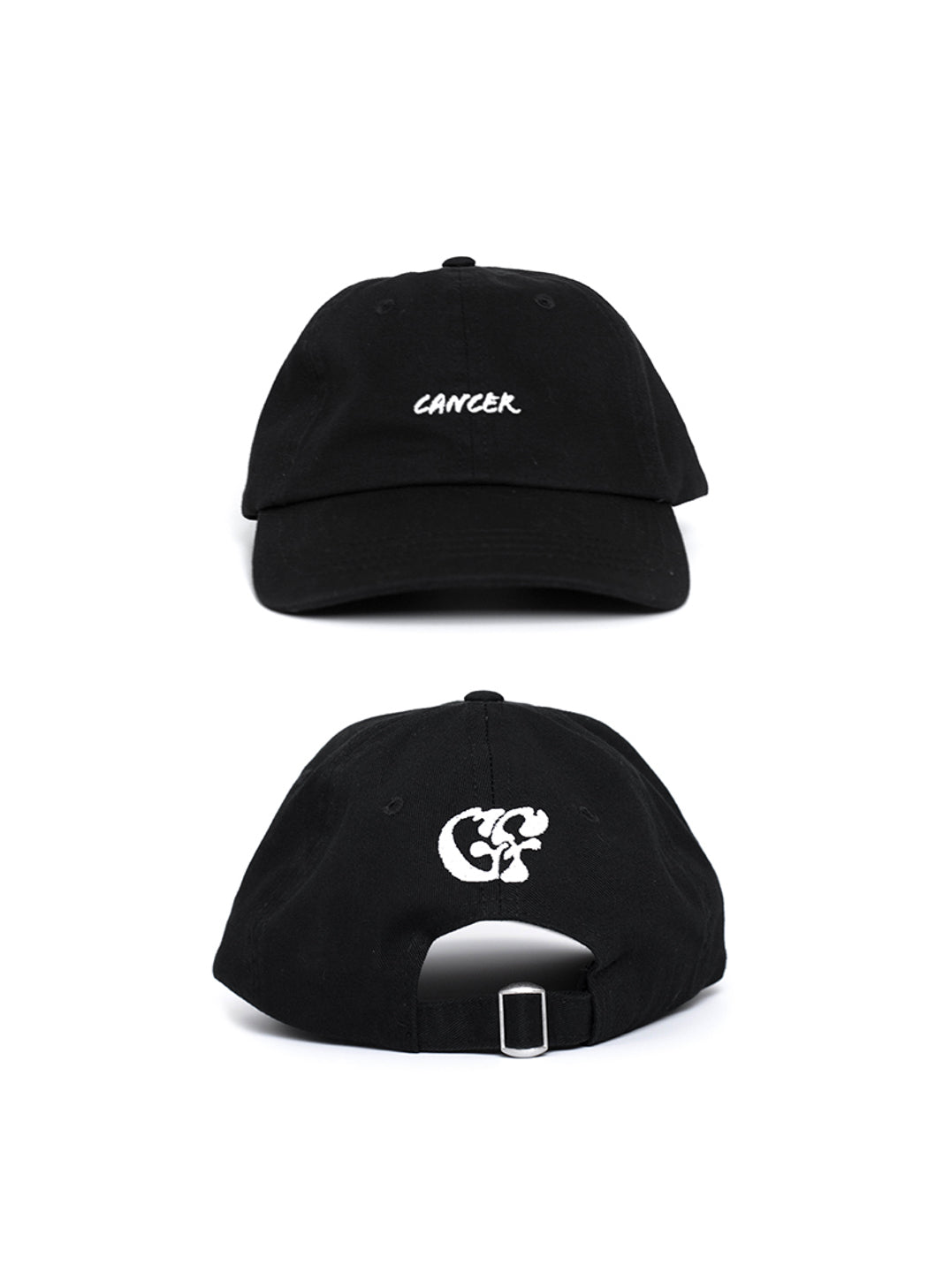Front & back shot of the Cancer zodiac black baseball cap, showing the white embroidered text to the front "Cancer" and the GF Good Fluff logo to the back