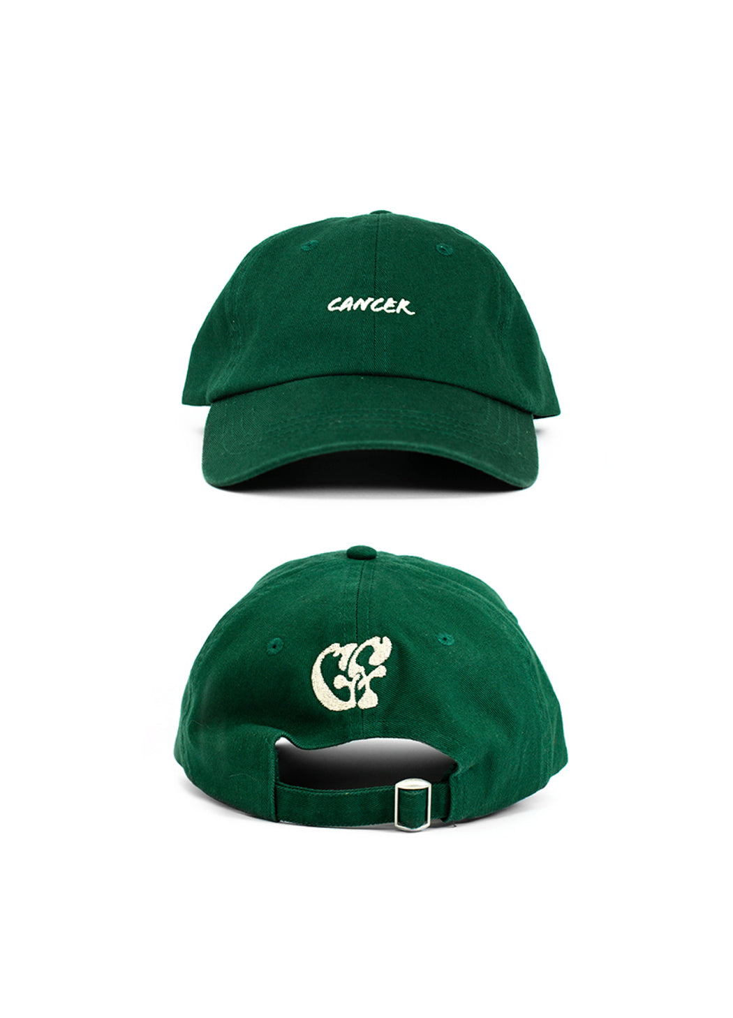 Green Cancer zodiac baseball cap, with white embroidered "Cancer" text and white embroidered Good Fluff GF logo against a white background
