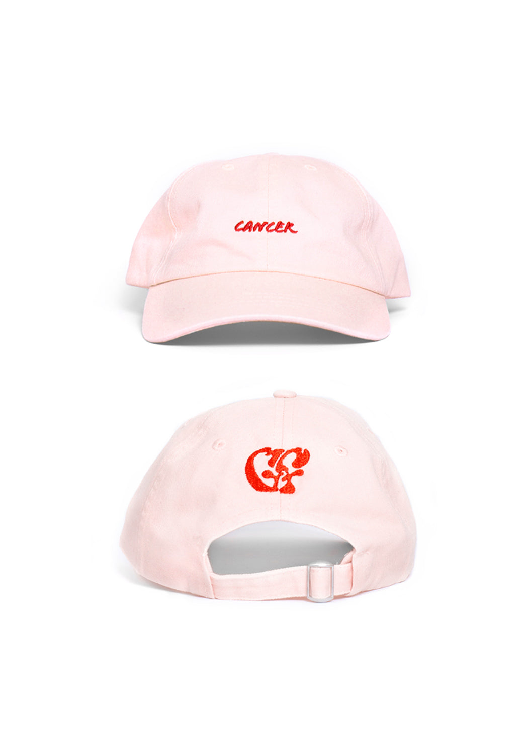 Pink baseball cap front & back with embroidered zodiac & Good Fluff logo design
