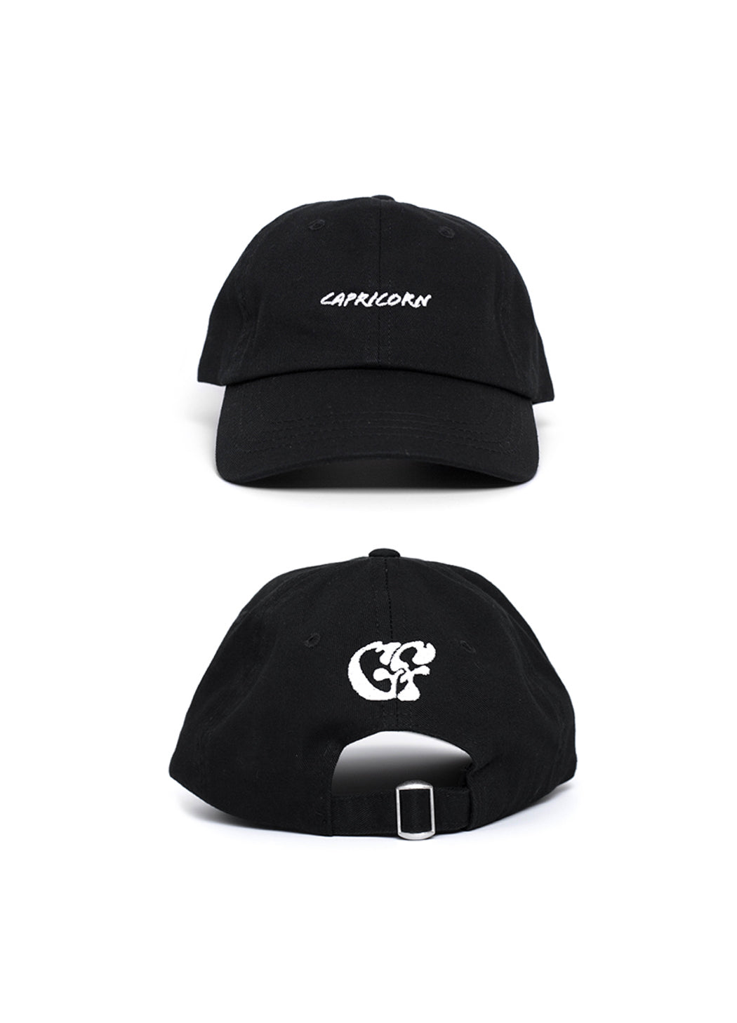The Black Capricorn zodiac Baseball cap shot front & back. Front shows white embroidered "Capricorn" text and back shows white embroidered Good Fluff GF logo.