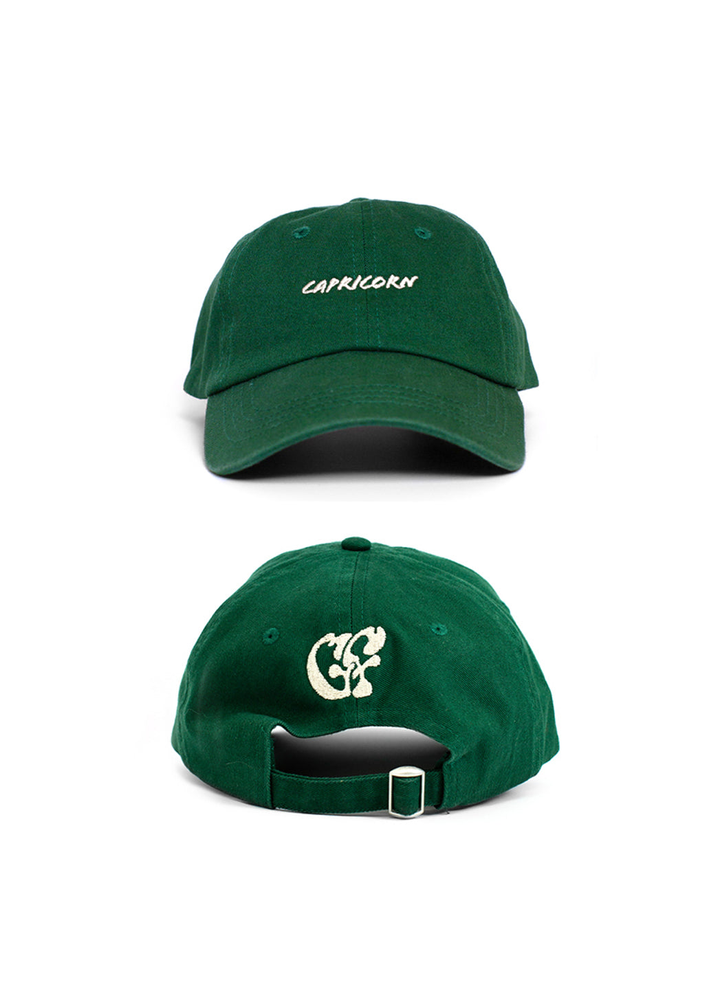 Green Capricorn zodiac baseball cap, with white embroidered "Capricorn" text and white embroidered Good Fluff GF logo against a white background